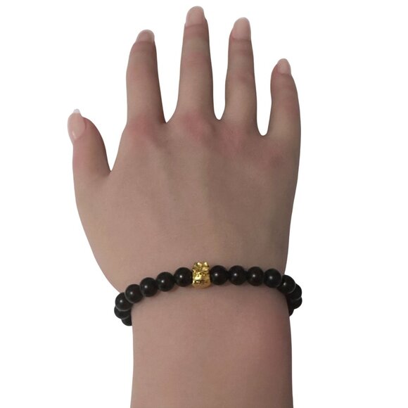 18K Gold Money Bag Matte Onyx Gemstones 6mm Lucky Charm Elastic Bracelet - Picture 6 of 6